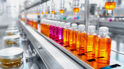 process perfume oil bottling on automated production line. modern manufacturing conveyor for aroma...