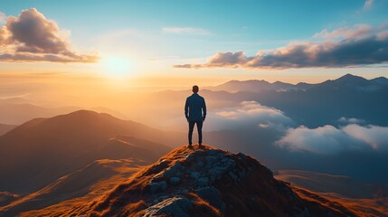 Fototapeta premium Silhouette of a man at sunrise on a mountain peak, overlooking vast valleys.