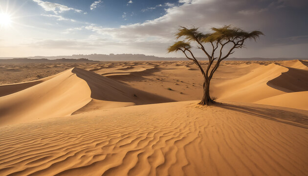 Arbol en un desierto con dunas. Nubes en el desierto. Desierto monta&ntilde;oso