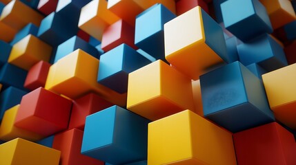 Obraz premium Colorful arrangement of 3D cubes in vibrant shades of blue, yellow, and red.