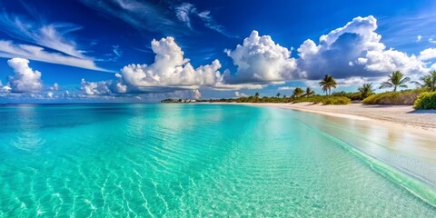 Turquoise Water Meets White Sand Beach with Palm Trees and Puffy Clouds in a Blue Sky, Caribbean, Tropical, Paradise