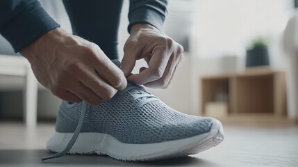 Morning activity preparing for a run indoor space lifestyle focus calm environment close-up view on exercise preparation