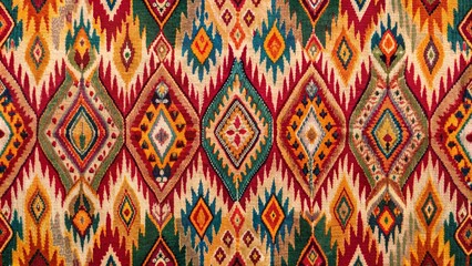 Vibrant Ikat Pattern with Geometric Shapes, Red, Orange, Green, and Blue, Seamless Textile Design, Ikat