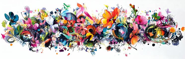 A vibrant abstract floral artwork bursting with colors and dynamic shapes.