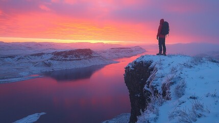 Obraz premium Breathtaking landscape at sunset with a lone figure overlooking the water