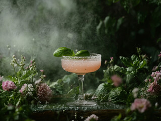 gin basil smash cocktail in magical garden with glowing basil leaves
