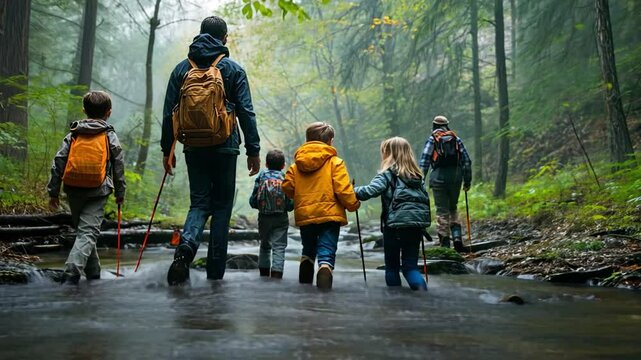 A family of five is walking through a forest, with a man leading the way