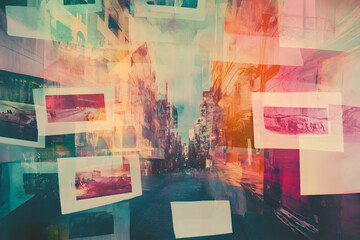 Vibrant overlays merge with a lively city, inspiring creativity and nostalgia