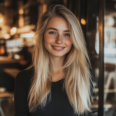 Obraz premium A beautiful 24-year-old blonde supermodel from Germany standing in a coffee shop in Amsterdam, smiling at the camera, Generative Ai