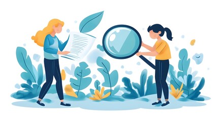 Two women exploring nature with a magnifying glass and notes in a vibrant, colorful setting.