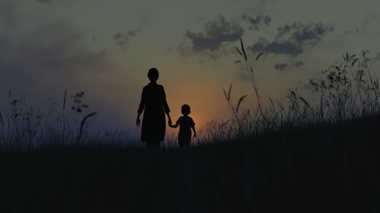 Silhouette of a mother and child walking towards the sunset in a field of tall grass.