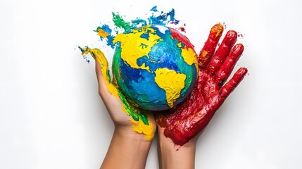 Hands holding a colorful globe, symbolizing unity and environmental awareness.