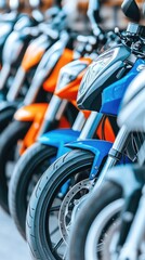 A vibrant lineup of modern motorcycles showcasing design and technology at a bustling car market with plenty of room for imagination