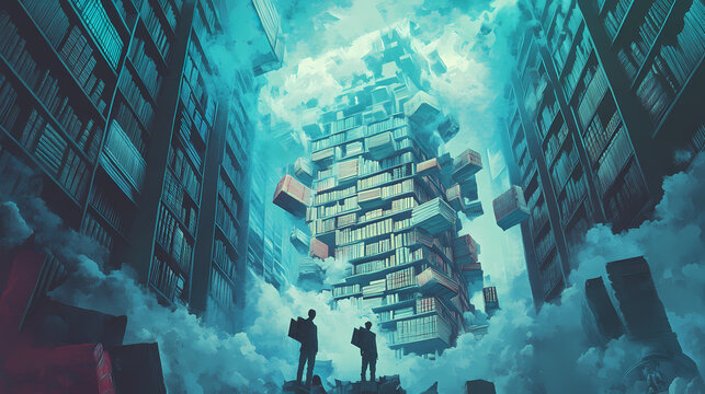 A library of babel straddling heaven and hell, with ai guardians curating endless stories of sin and virtue on paper. Halcyon. Illustration