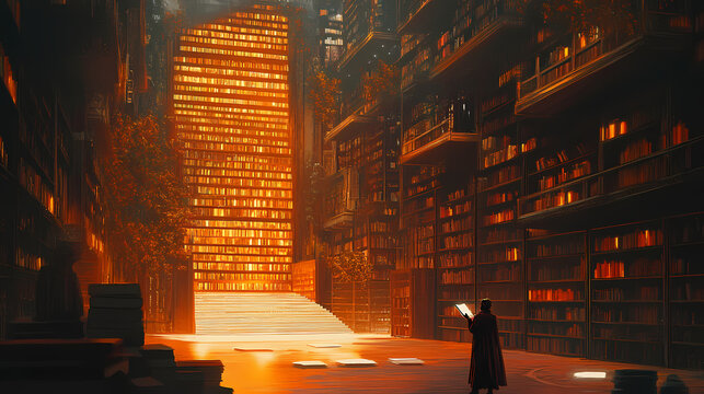 A library of babel straddling heaven and hell, with ai guardians curating endless stories of sin and virtue on paper. Halcyon. Illustration
