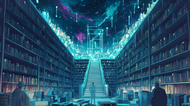 A library of babel straddling heaven and hell, with ai guardians curating endless stories of sin and virtue on paper. Halcyon. Illustration