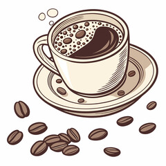 A coffee cup surrounded by scattered coffee beans on a clean white background, highlighting the rich aroma of coffee.