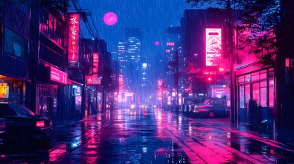 Obraz premium Vibrant neon-lit street scene at night in a rainy urban setting.