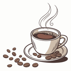 Obraz premium A coffee cup surrounded by scattered coffee beans on a clean white background, highlighting the rich aroma of coffee.