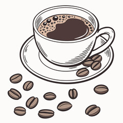 Obraz premium A coffee cup surrounded by scattered coffee beans on a clean white background, highlighting the rich aroma of coffee.