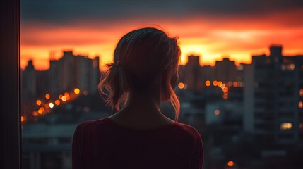 Silhouette of a young woman gazing at a vibrant sunset over the city skyline.