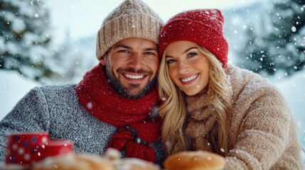 joyful couple shares a moment outdoors in a winter wonderland, dressed in warm sweaters and scarves, smiling amid gently falling snowflakes while enjoying a sweet treat