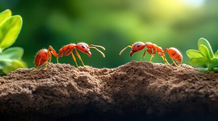 Two red ants are seen engaging with each other on sandy terrain, while vibrant green foliage provides a lush backdrop under the warm sunlight of a clear day