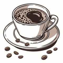 Obraz premium A coffee cup surrounded by scattered coffee beans on a clean white background, highlighting the rich aroma of coffee.