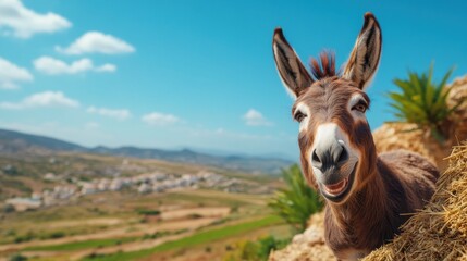 A playful donkey lounges on a grassy knoll, showcasing its friendly demeanor against a backdrop of rolling hills and a distant village. The sun brightly illuminates the landscape