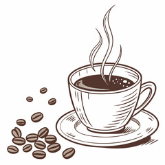 A coffee cup surrounded by scattered coffee beans on a clean white background, highlighting the rich aroma of coffee.
