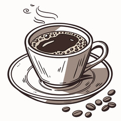 Obraz premium A coffee cup surrounded by scattered coffee beans on a clean white background, highlighting the rich aroma of coffee.