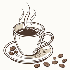 A coffee cup surrounded by scattered coffee beans on a clean white background, highlighting the rich aroma of coffee.