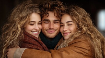 Three friends with curly hair share a warm embrace indoors, each wearing cozy winter clothing. Their smiles express joy and a strong bond during a moment of connection