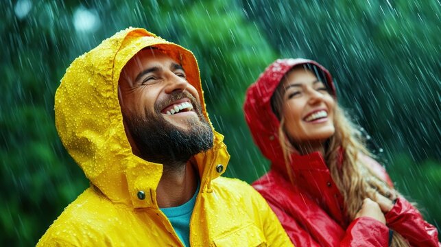 couple stands outdoors on a rainy day, wearing colorful rain jackets. They smile and lift their faces to the rain, surrounded by lush greenery, radiating joy and happiness in the moment
