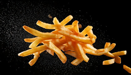  fried potatoes flying in the black background