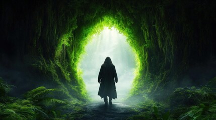 cloaked figure gazes into the vibrant green entrance of a cave, surrounded by dense foliage under soft, ethereal light. tranquil atmosphere invites exploration and adventure