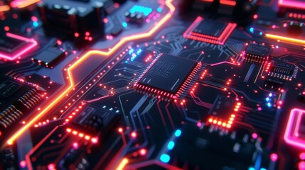 Fototapeta premium Close-up of circuit board with microchips and bright neon lights