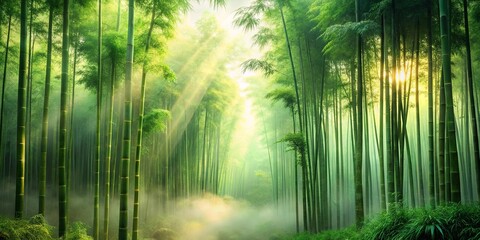 Sunlit Path Through a Mystical Bamboo Forest at Dawn