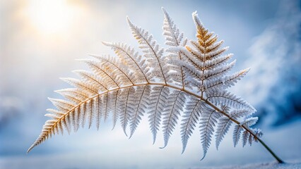A frost-covered fern frond, delicate and beautiful, illuminated by the winter sun, a breathtaking display of nature's artistry.