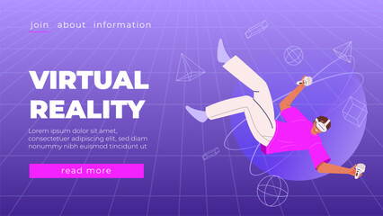 Metaverse entertainment. Flat vector illustration with man in virtual reality glasses and VR headsets Concept of future innovations and modern technologies Futuristic poster banner for website