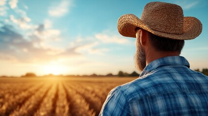 A farmer stands in a wheat field, gazing at the vibrant sunset stretching across the horizon. The warm light illuminates the landscape as evening approaches