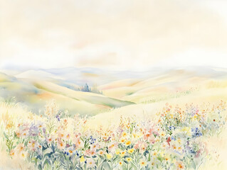 A serene watercolor landscape featuring rolling hills and a field of colorful wildflowers.