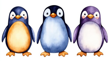 Fototapeta premium Cute Watercolor Penguins in Stained Glass Style