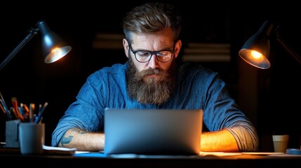 In a cozy, dimly lit room, a bearded man with glasses focuses on his laptop. Desk lamps illuminate his workspace filled with stationery as he works late into the night