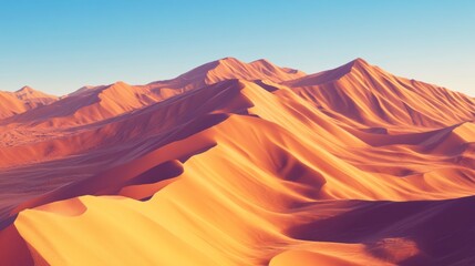 Naklejka premium Golden sand dunes stretch endlessly under a vivid blue sky, creating an enchanting desert landscape filled with gentle curves and shadows as the sun nears the horizon