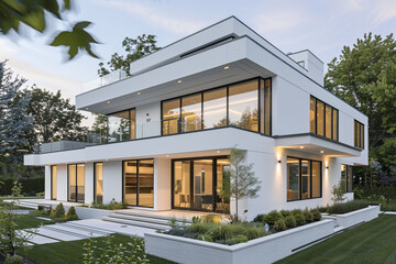 Modern white house exterior with clean lines, flat roof, large glass windows, and minimalist landscaping, captured in a serene suburban setting