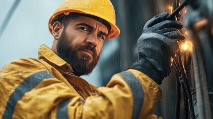 Obraz premium construction worker, wearing a yellow raincoat and hard hat, focuses intently on repairing electrical wires in challenging weather conditions