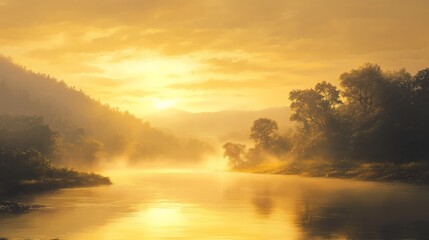 Obraz premium Sunrise reflection over serene river mountain landscape nature photography tranquil setting atmospheric view beauty of dawn