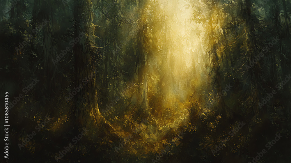 Poster sunlight filters through a dense coniferous forest, creating a mesmerizing light display during the 
