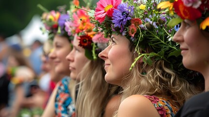 Obraz premium Women Wearing Floral Crowns at a Summer Festival